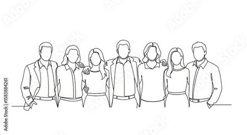 A diverse group of seven people standing together in a line, depicted in a simple line art style, conveying unity and teamwork