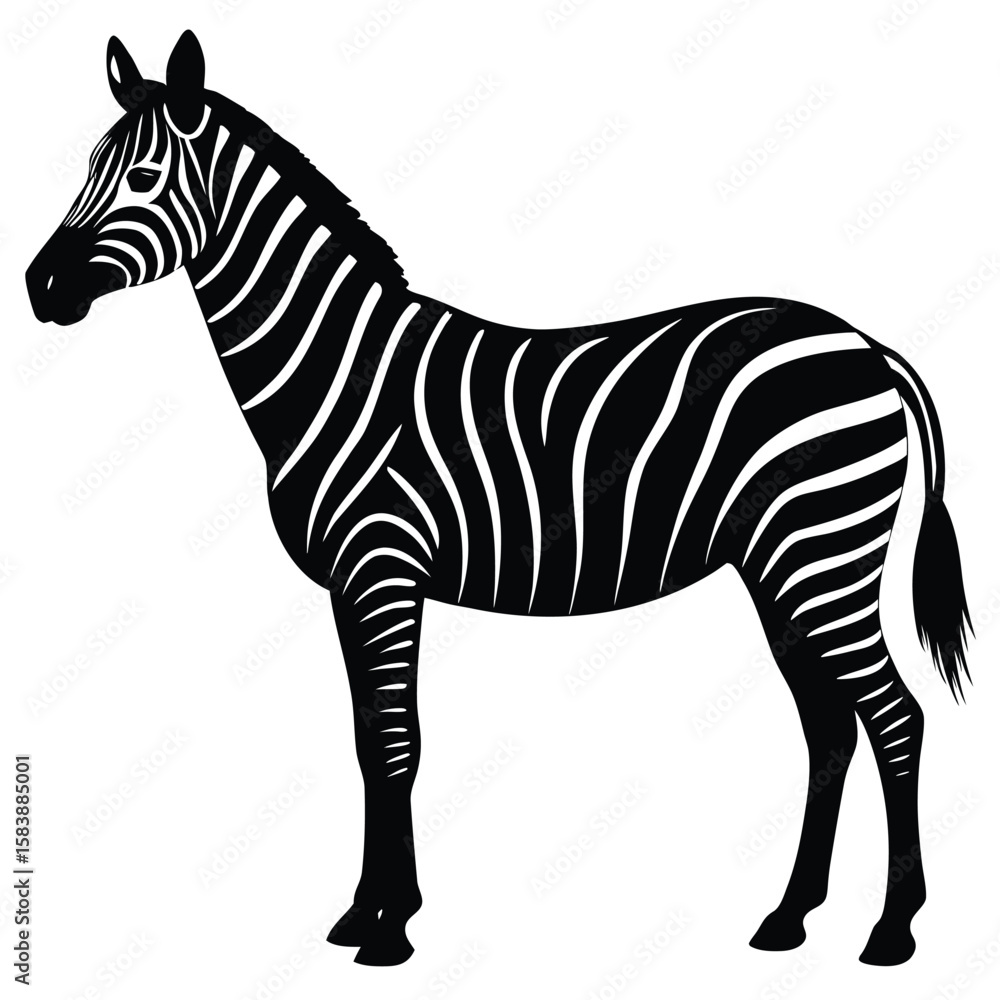 Obraz premium a zebra in side profile with detailed body shape and upright mane, minimalist vector illustration isolated on white background