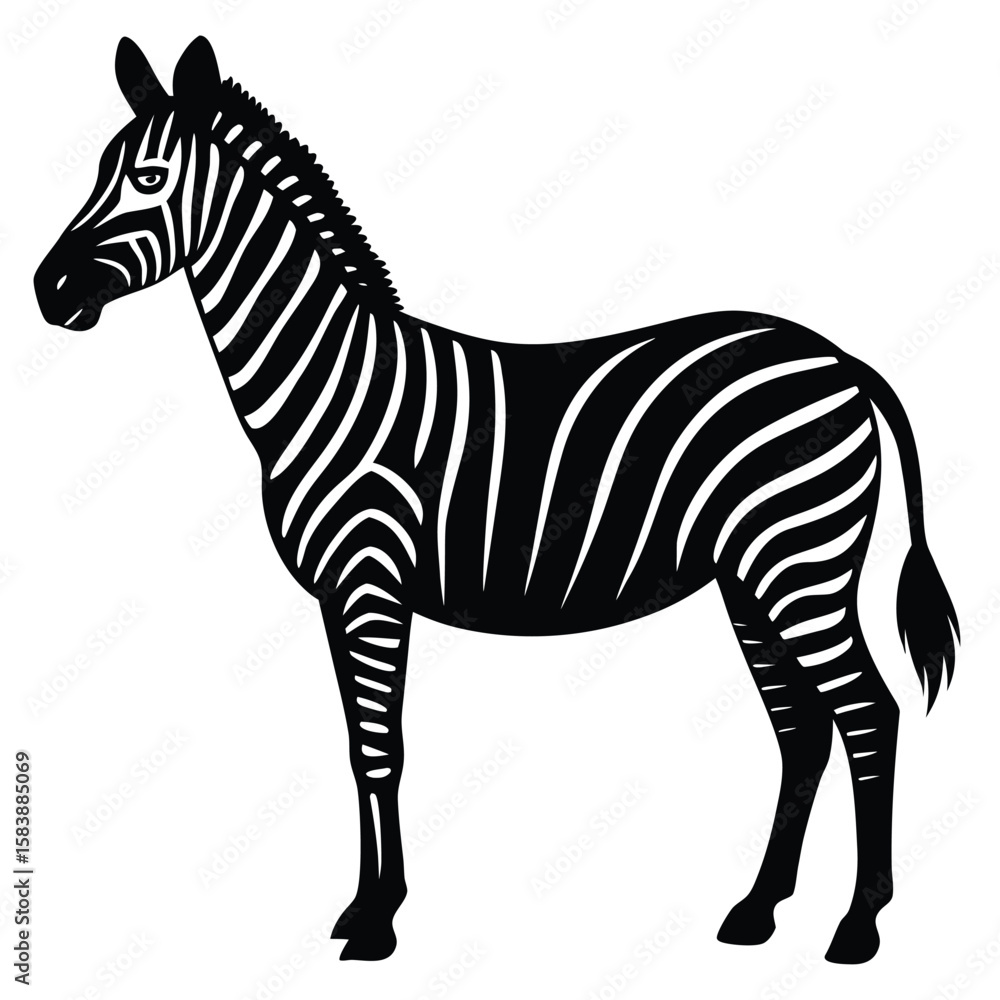 Fototapeta premium a zebra in side profile with detailed body shape and upright mane, minimalist vector illustration isolated on white background