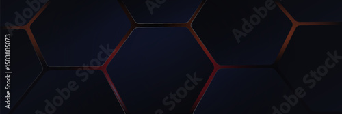 Dark hexagon abstract technology background with orange bright flashes below the hexagon. Hexagon game vector abstract technology wide banner. vector