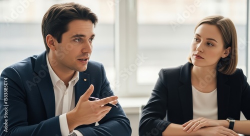 Business professionals discussing ideas in modern office setting