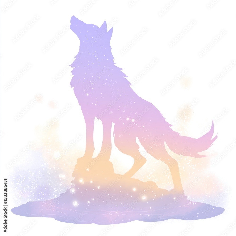 Fototapeta premium Pastel wolf silhouette on a starry rock