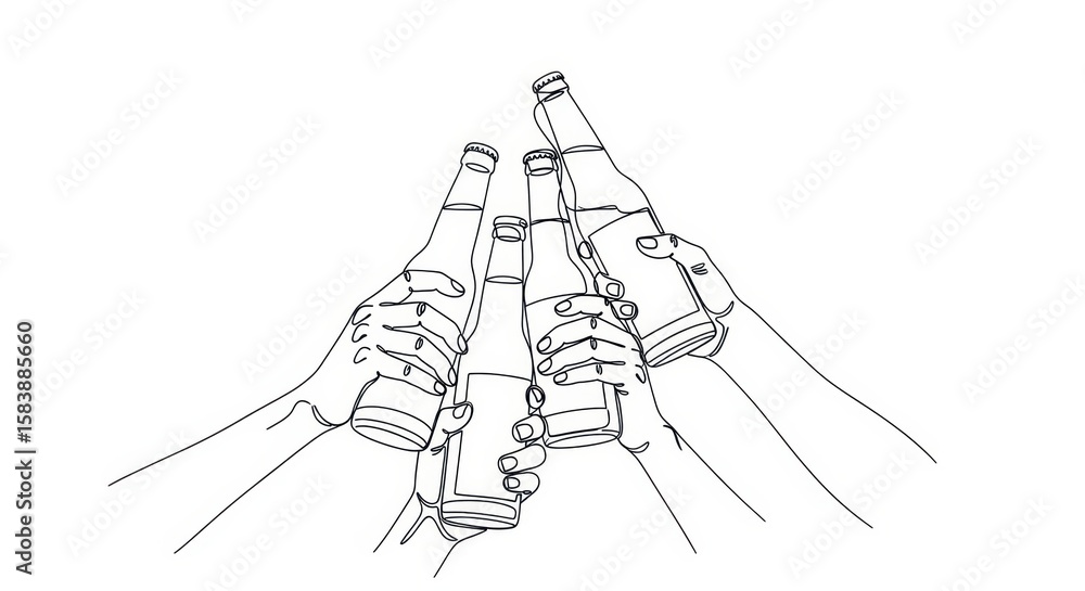 Obraz premium A group of hands clinking beer bottles in a celebratory toast