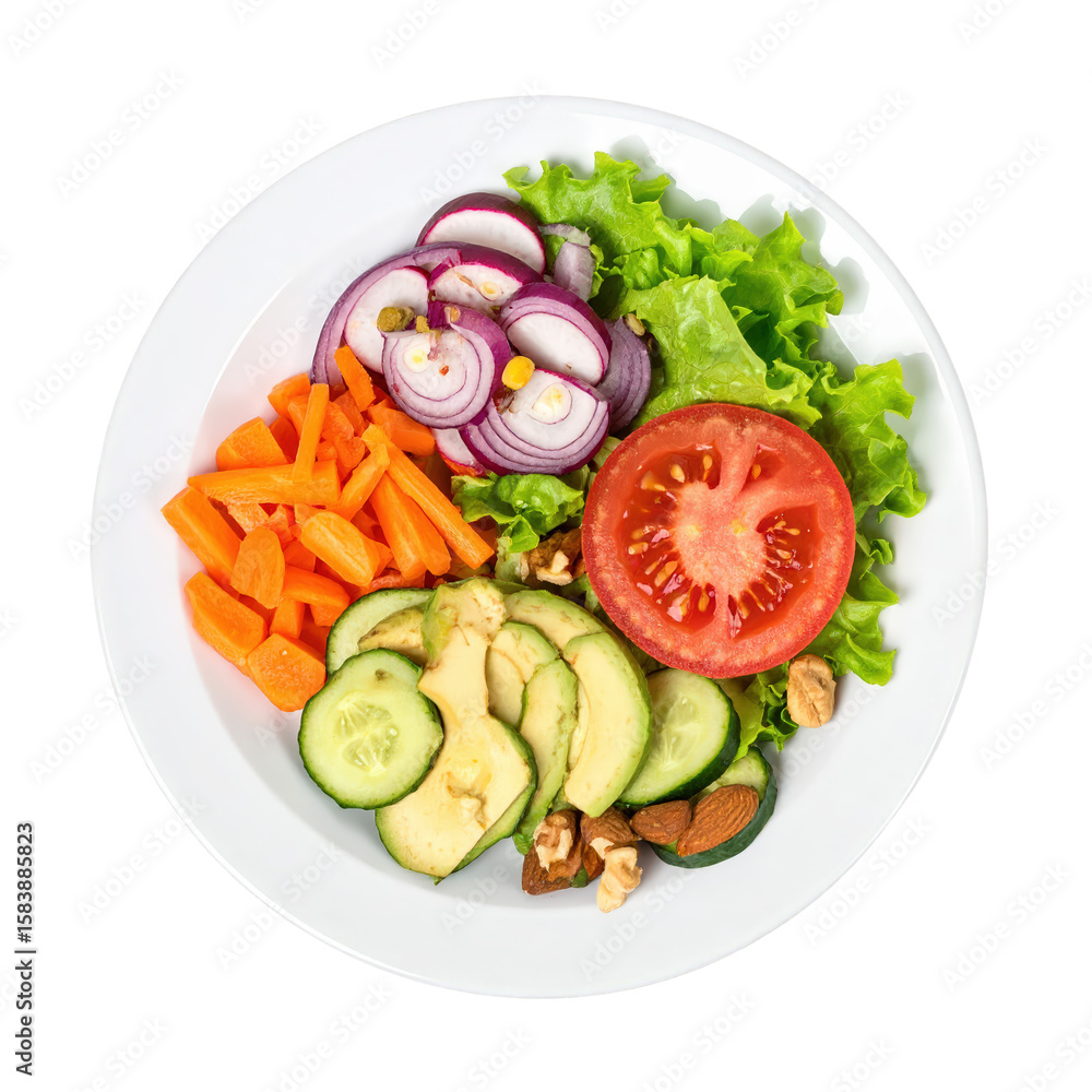 Fresh colorful vegetable salad with sliced tomato, cucumber, avocado, carrot, red onion, lettuce, and walnuts on white plate, healthy food, vegetarian meal Fresh colorful vegetable salad with sliced tomato, cucumber, avocado, carrot, red onion, lettuce, and walnuts on white plate, healthy food, vegetarian meal