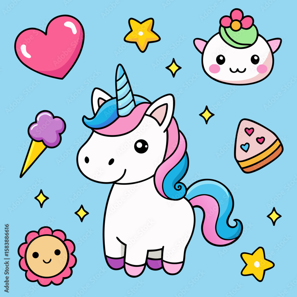 Naklejka premium unicorn stickers set cute unicorn vector icons printable editable 