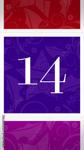 Christmas Advent Calendar 3D Box Reveals Numbered 13-24. Twelve Illustrated Motion Graphics Animate Open to Reveal Chroma Green Screen.