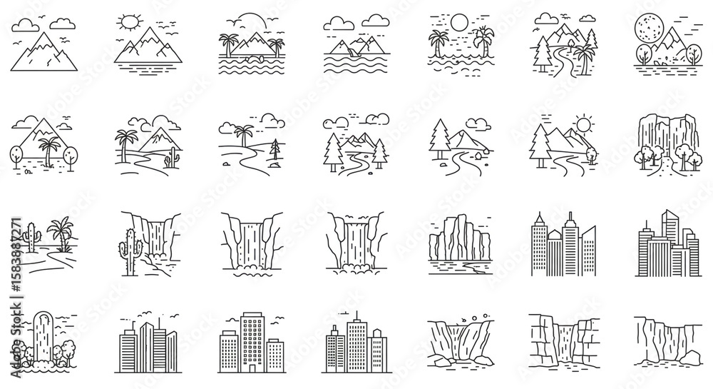 Fototapeta premium A collection of outline illustrations depicting various landscapes and cityscapes in black and white