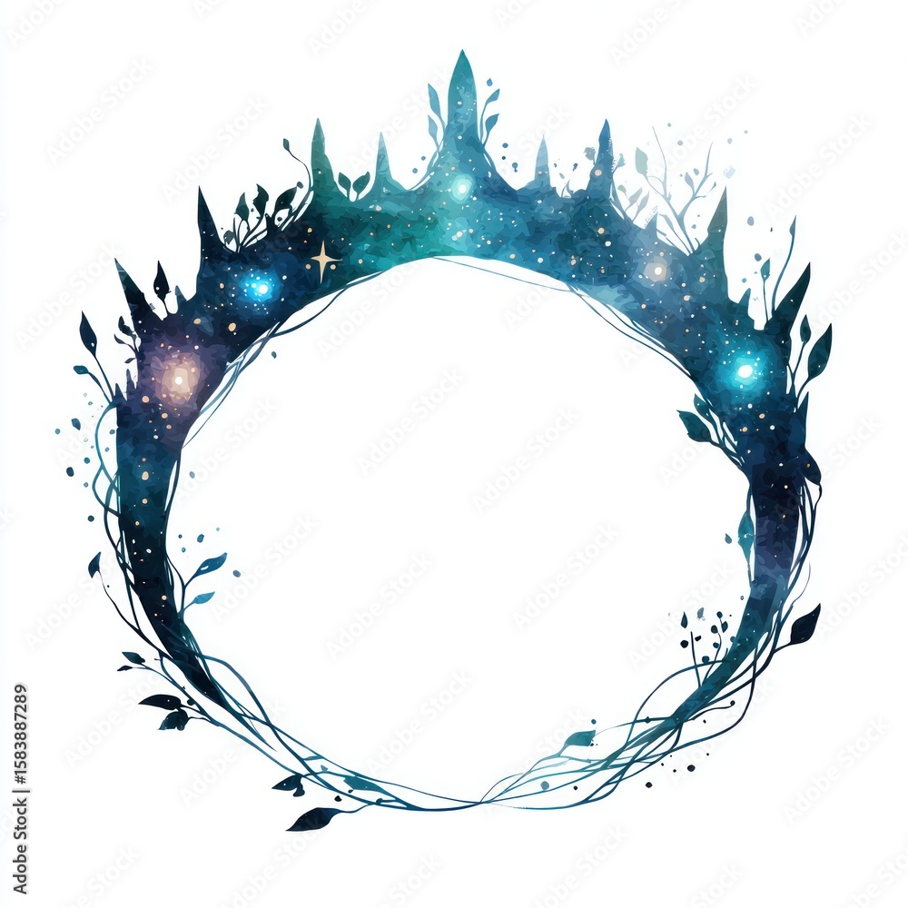 Fototapeta premium A crown-shaped circular frame, adorned with celestial imagery and foliage