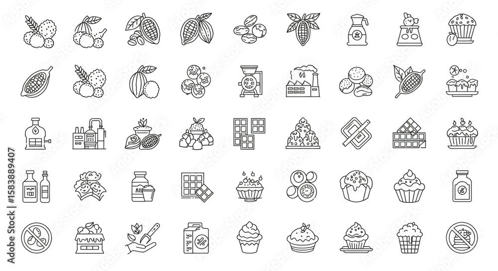 Obraz premium Collection of outline icons depicting cocoa beans and chocolate products in black and white