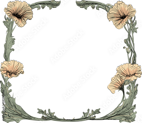 Art nouveau style border, frame with yellow hibiscus flowers, copy space, open top in square to oval design