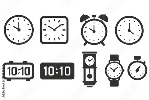Vector representation of time management including hourglass icons, sandglass timer, and flat clock icon