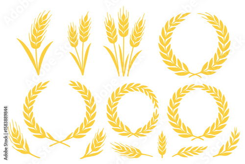 A collection of wheat ear icons and design elements, including harvested wheat grains, growing rice stalks, and whole grains of bread or field cereals rich in nutrients