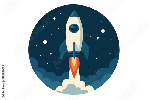 Business startup concept represented by a rocket launch, formed from lines, triangles, and particles in a stylish vector illustration design