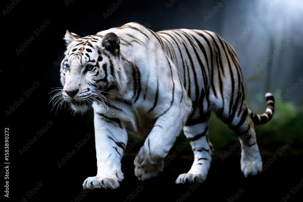 Obraz premium A dramatic photograph of a white Bengal tiger in a dark setting. The tiger is walking from left to right, captured in sharp detail against a black background.