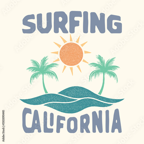 Surfing Summer good vibes vector graphic design, Palm tree. Wave with Sunshine paradise artwork. Abstract wave artwork. vintage summer t-shirt design, sweatshirt, shirt for men's, women's, Hand Drawn