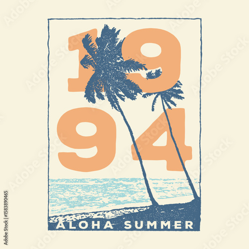 1994 Summer vibes graphic print design for t shirt, Artistic palm tree with beach waves vector also sunset, summer vibes hand draw, summer slogan with beach illustration, Hawaii, Aloha surf typograph