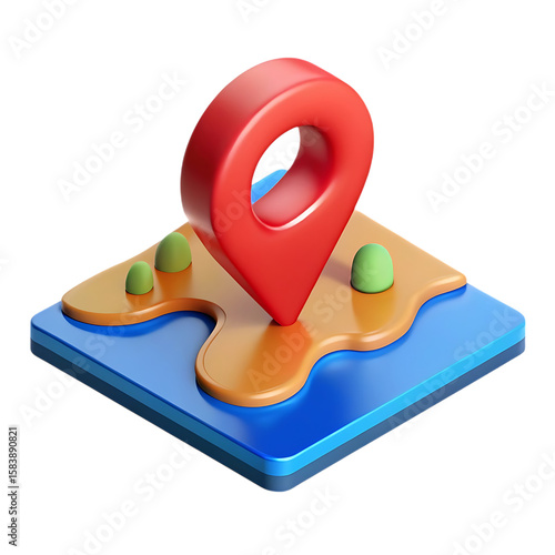 3d isometric map with red location pin and green trees on black background