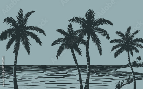 Vector print silhouette of ocean and palm trees on the beach