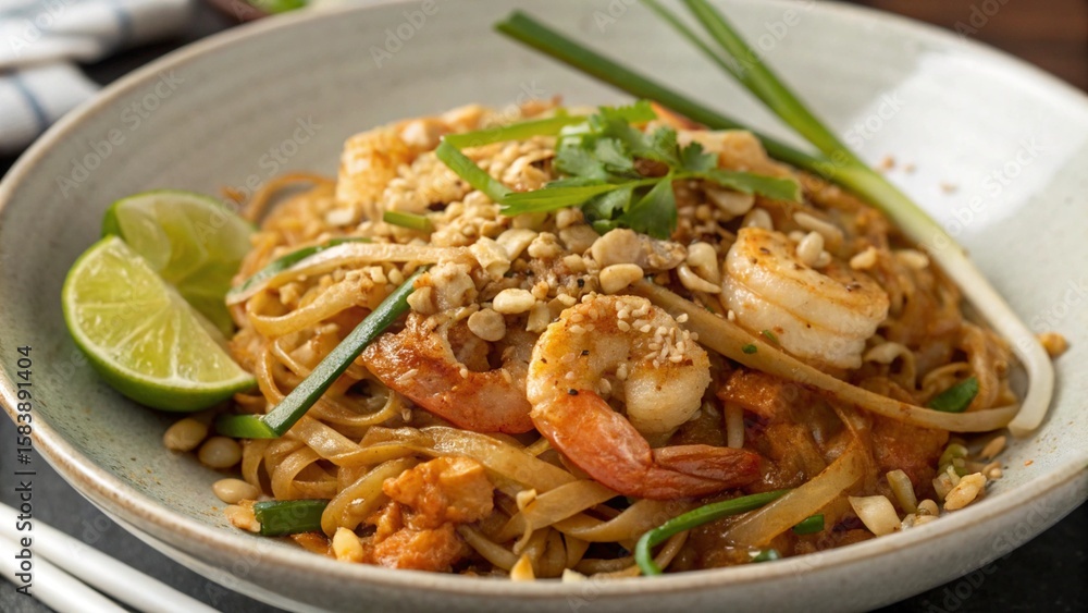 pad thai shrimp noodles stir-fry restaurant dish pad thai shrimp noodles stir-fry restaurant dish
