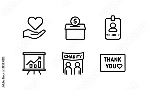 Monochrome charity icons: heart, donation box, volunteer, graph, charity event, thank you message