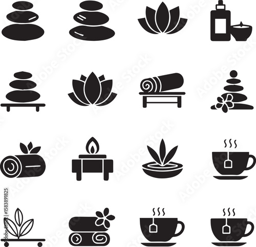 Spa Wellness Icons. Solid, filled icon set of spa and wellness massage stones, Adobe Illustrator Artwork