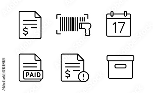 Monochrome financial icons: invoices, barcode scanner, calendar, and archive box