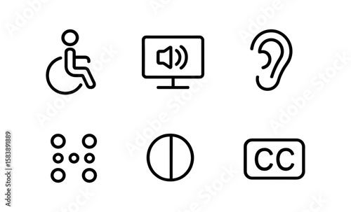 Accessible technology icons: braille, audio, captions, wheelchair, and hearing support
