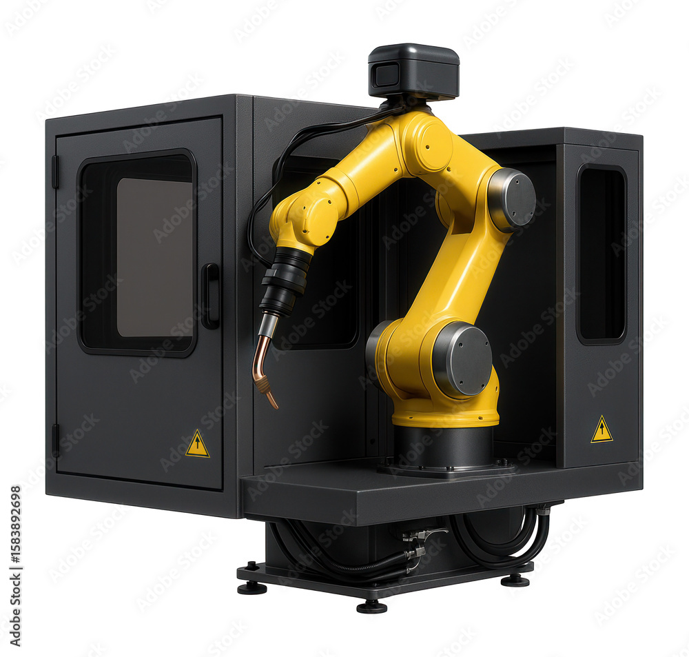 Fototapeta premium Spot welding robot cell with safety enclosure and vision system for quality assurance in automotive production.