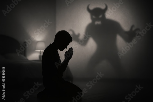 A person kneels in prayer, their shadow reflected on the wall. A menacing demon shadow looms behind, creating a spooky atmosphere. Depression
