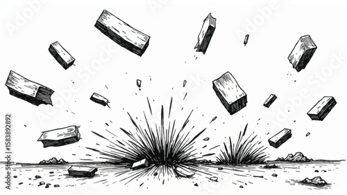 Bricks suspended in mid-air, creating a dynamic and chaotic composition. Black and White Illustration of bricks in air. 