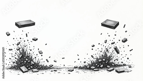 Bricks suspended in mid-air, creating a dynamic and chaotic composition. Black and White Illustration of bricks in air. 