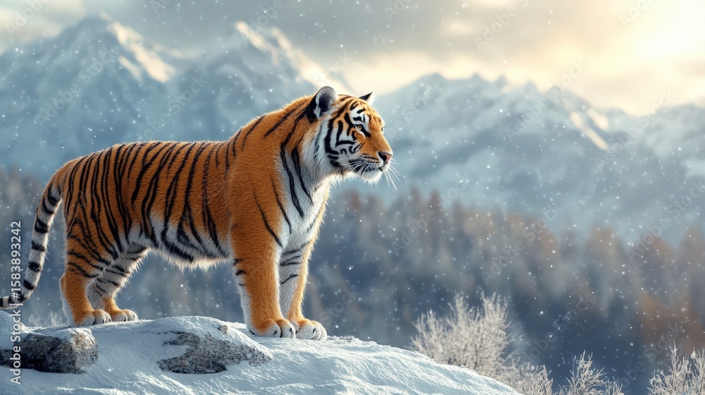 Obraz premium A magnificent Siberian tiger stands proudly on a snowy rock, looking directly at the camera with calm intensity against a backdrop of majestic, snow-covered mountains