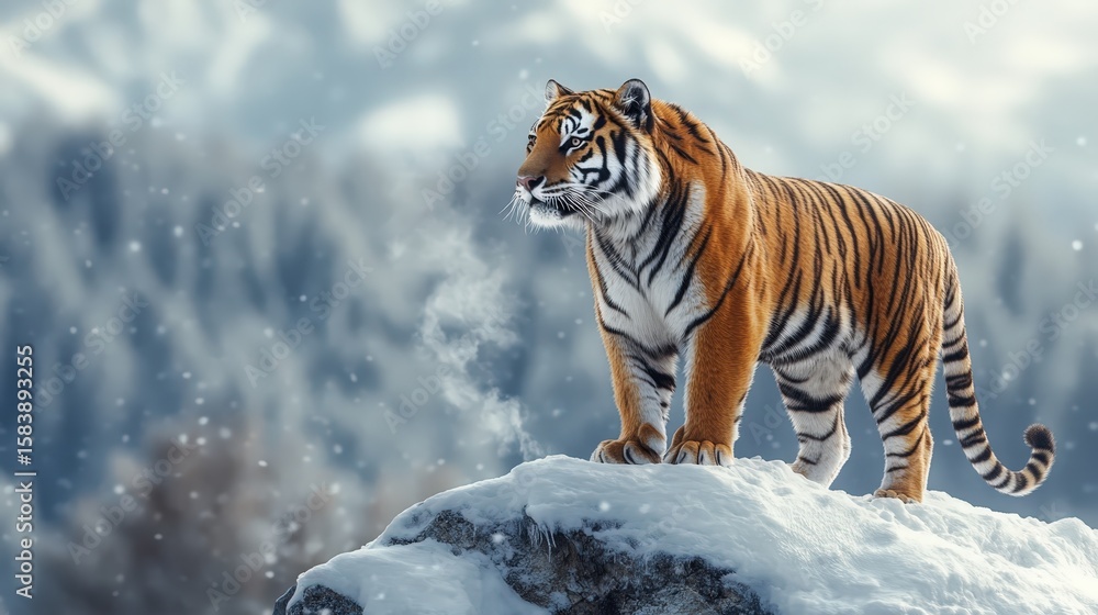 Obraz premium A magnificent Siberian tiger stands proudly on a snowy rock, looking directly at the camera with calm intensity against a backdrop of majestic, snow-covered mountains