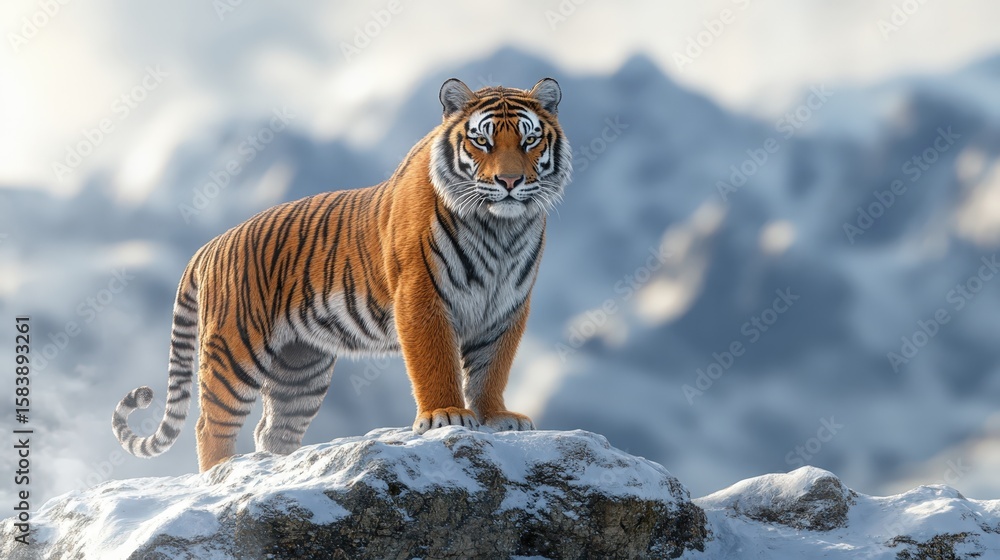 Obraz premium A magnificent Siberian tiger stands proudly on a snowy rock, looking directly at the camera with calm intensity against a backdrop of majestic, snow-covered mountains