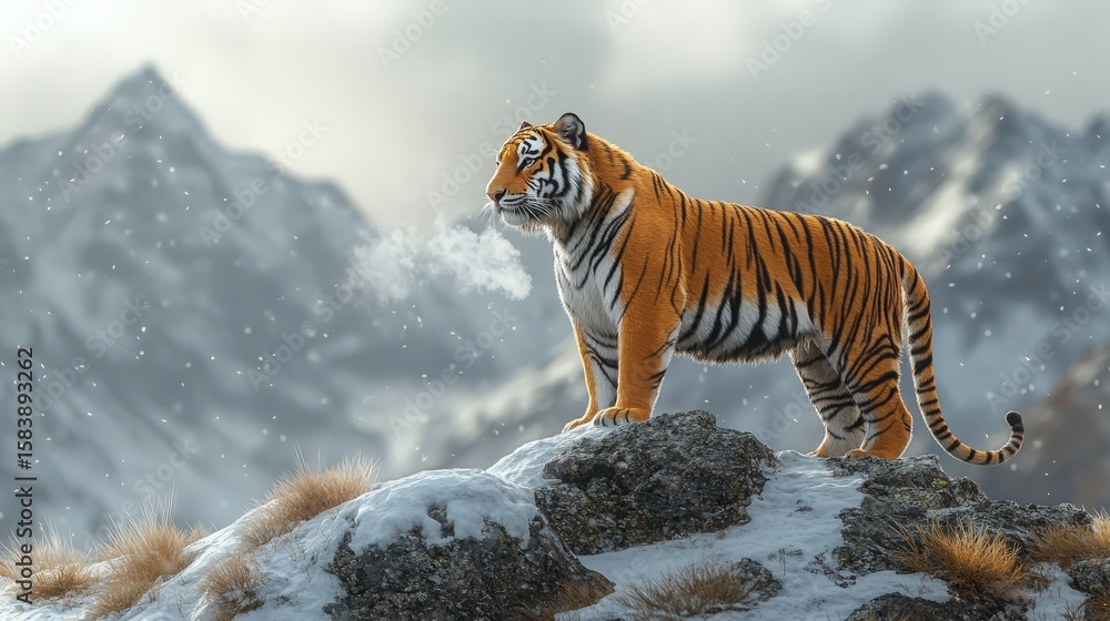 Obraz premium A magnificent Siberian tiger stands proudly on a snowy rock, looking directly at the camera with calm intensity against a backdrop of majestic, snow-covered mountains