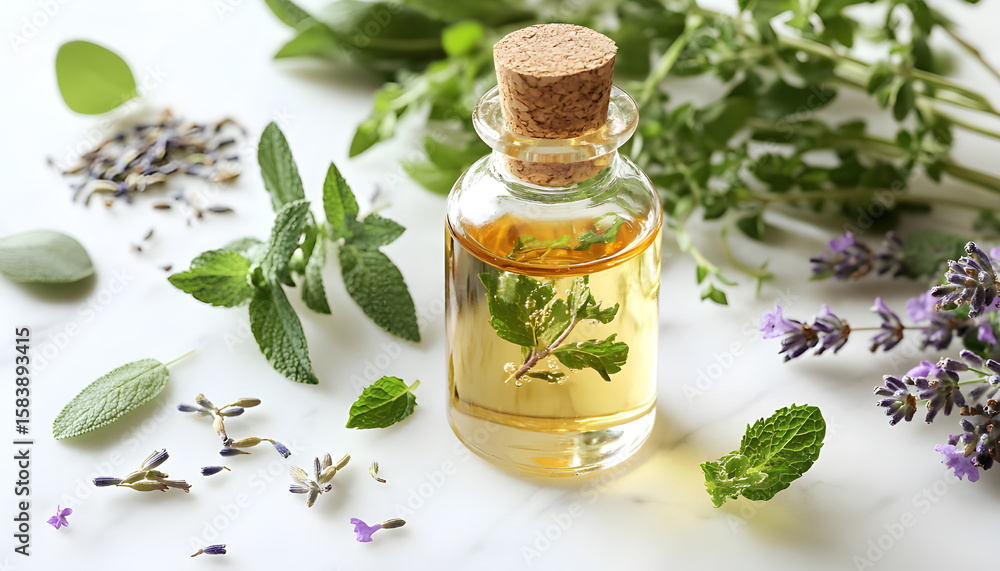 bottle of herbal essential oil on a white backdrop bottle of herbal essential oil on a white backdrop