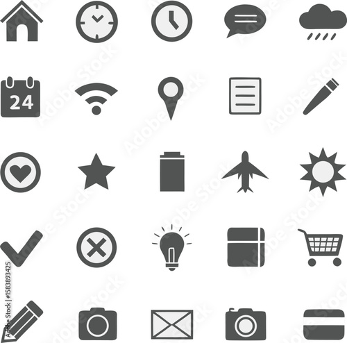 Collection of Universal Icons Home, Time, Communication, Weather, and More