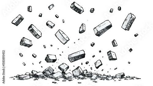 Bricks suspended in mid-air, creating a dynamic and chaotic composition. Black and White Illustration of bricks in air. 