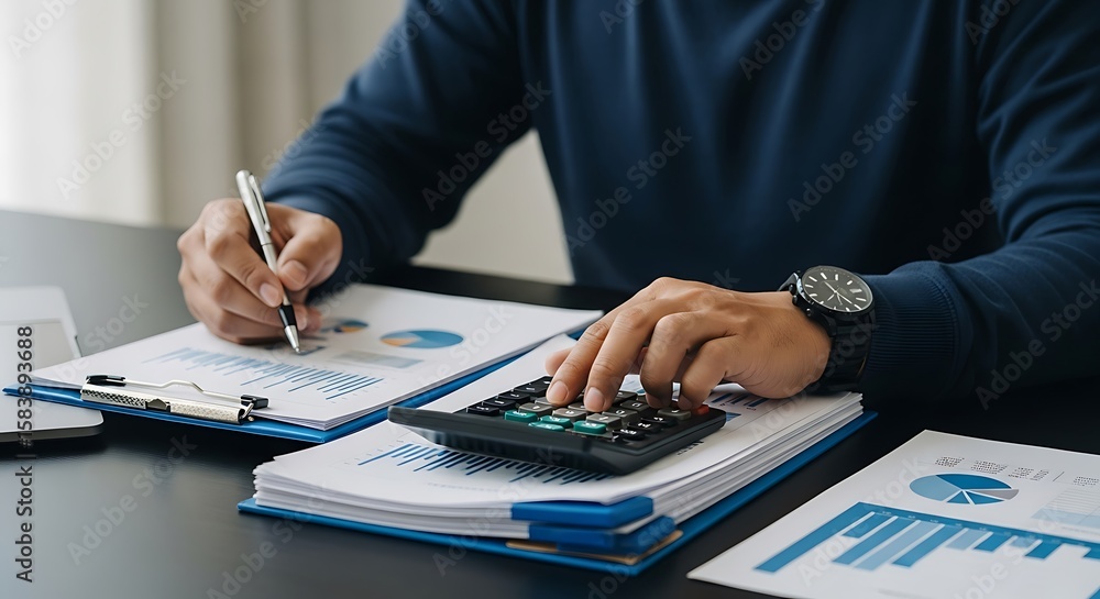 Fototapeta premium Business Analyst Analyzing Financial Reports and Using Calculator for Data Analysis and Budgeting