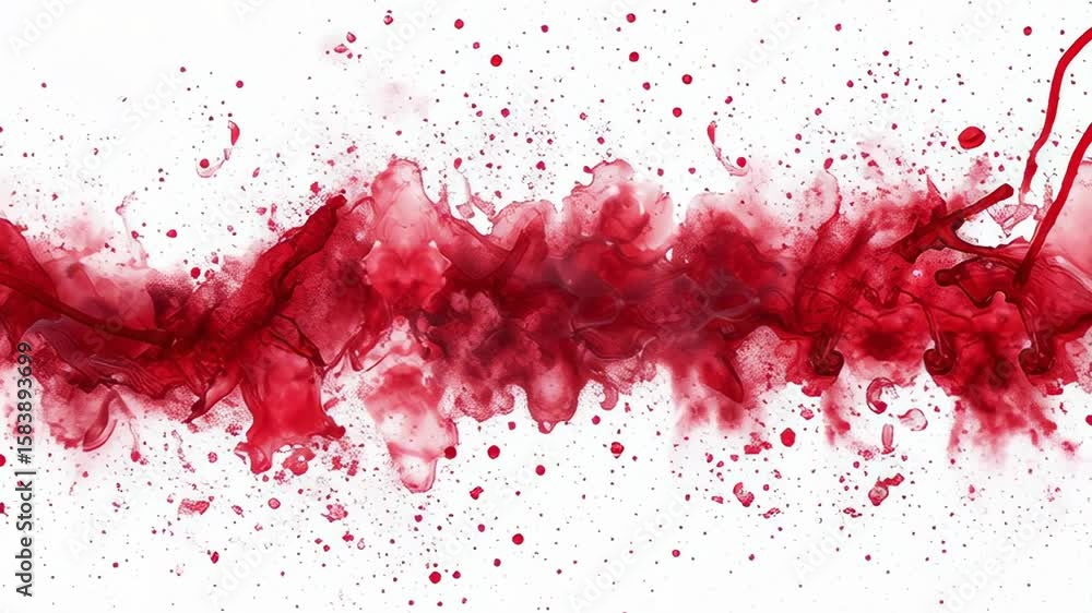 A red line of paint splatters on a white background. The splatters are in various sizes and shapes, creating a sense of chaos and movement. The red color of the paint adds a bold A red line of paint splatters on a white background. The splatters are in various sizes and shapes, creating a sense of chaos and movement. The red color of the paint adds a bold
