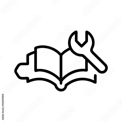 Book and wrench crossed symbolizing learning and working in simple line art style