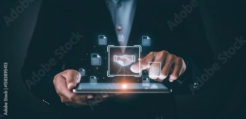 Businessman manage digital procurement process with business contract, invoice, approval documents, representing B2B sourcing, vendor management, supply chain, e-procurement.  supply chain, 