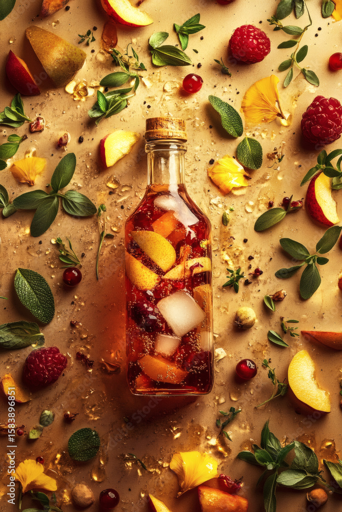 Fototapeta premium Eco-conscious summer fruit scrap shrub in recycled bottle