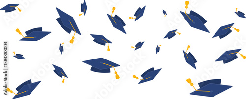 Graduates celebration. Flying black graduate hat border