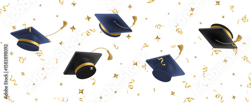 Graduates celebration. 3D Flying black graduate hat