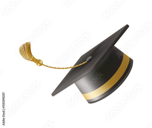 Graduates celebration. Flying 3D black graduate hat