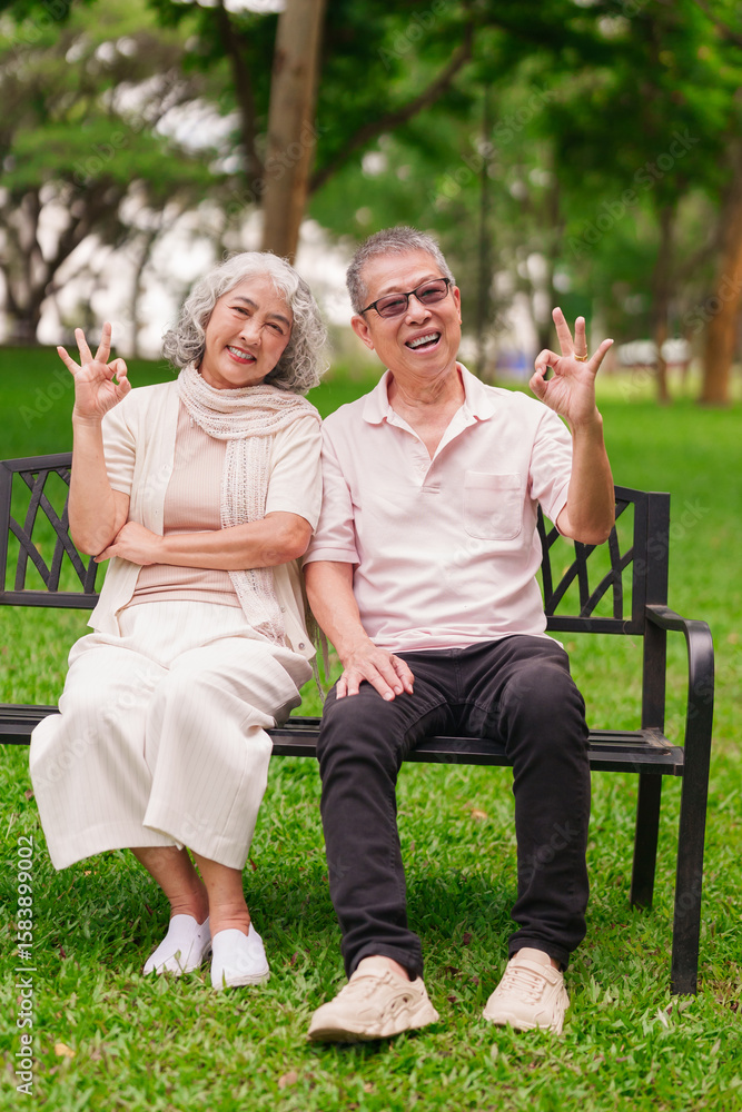 Happy Asian Older Couple Showing OK Sign Sitting Park Bench Enjoying Retirement Life Together Outdoors Happy Asian Older Couple Showing OK Sign Sitting Park Bench Enjoying Retirement Life Together Outdoors