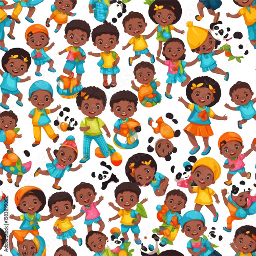 Photo of a vibrant and energetic illustration showcases a diverse group of happy african american children joyfully playing and dancing together in a colorful outdoor setting