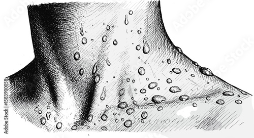 Vintage ink sketch close up drop of water or sweat on human skin neck – hand drawn black and white illustration doodle vector, engraving svg