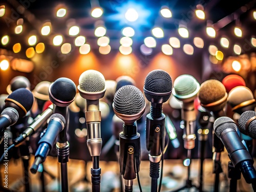 A multitude of microphones stand ready on a stage, illuminated by soft bokeh lights, prepared for a concert or important speech